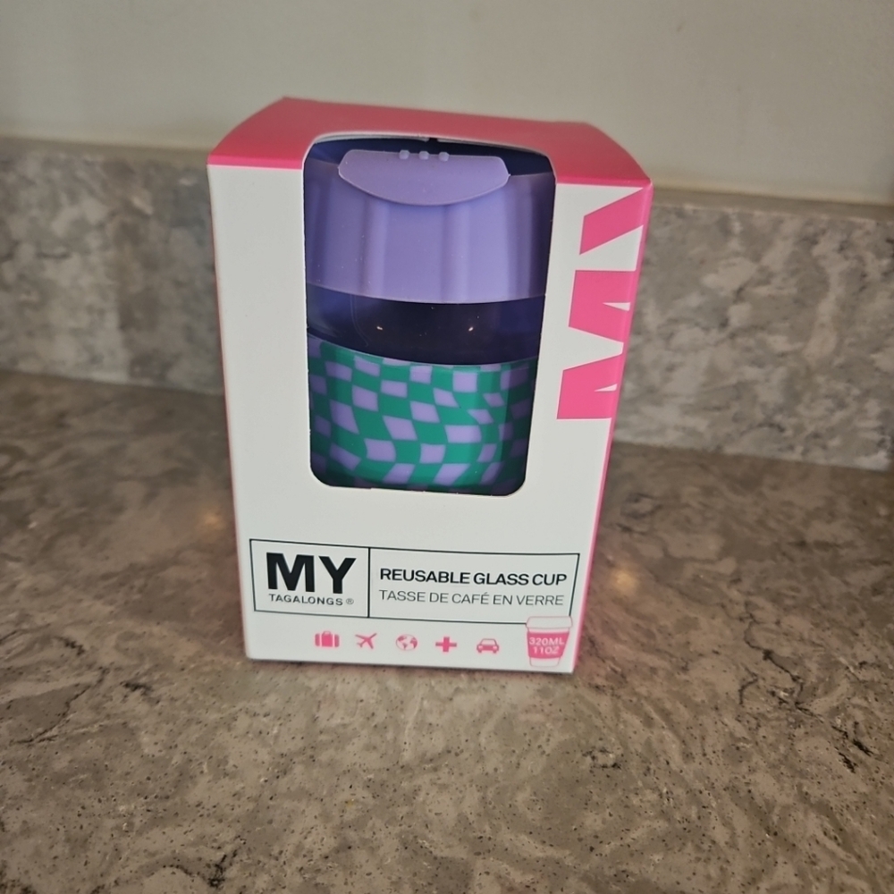 My Tagalong Purple/Green Reusable Travel Glass Cup W/Silicone Lid BPA Free BNIB